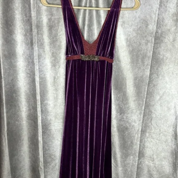 Rare Free People Boho Velvet & Lace Plum Purple Dress XS EUC - Picture 2 of 6